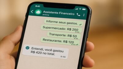 Tela de celular com conversa no WhatsApp sobre controle de gastos com assistentes financeiros virtuais