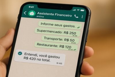 Tela de celular com conversa no WhatsApp sobre controle de gastos com assistentes financeiros virtuais