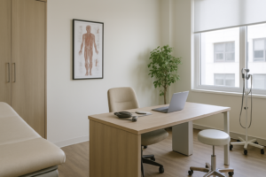 Imagem de um consultório médico moderno e minimalista com iluminação natural, pronto para atendimento, com mesa, poltrona, cadeira e equipamentos básicos, sugerindo uso compartilhado entre profissionais.