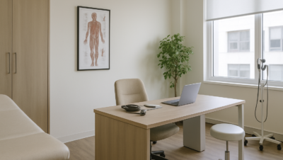 Imagem de um consultório médico moderno e minimalista com iluminação natural, pronto para atendimento, com mesa, poltrona, cadeira e equipamentos básicos, sugerindo uso compartilhado entre profissionais.